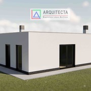 Vista 3D de vivienda unifamiliar minimalista en planta baja con cubierta plana