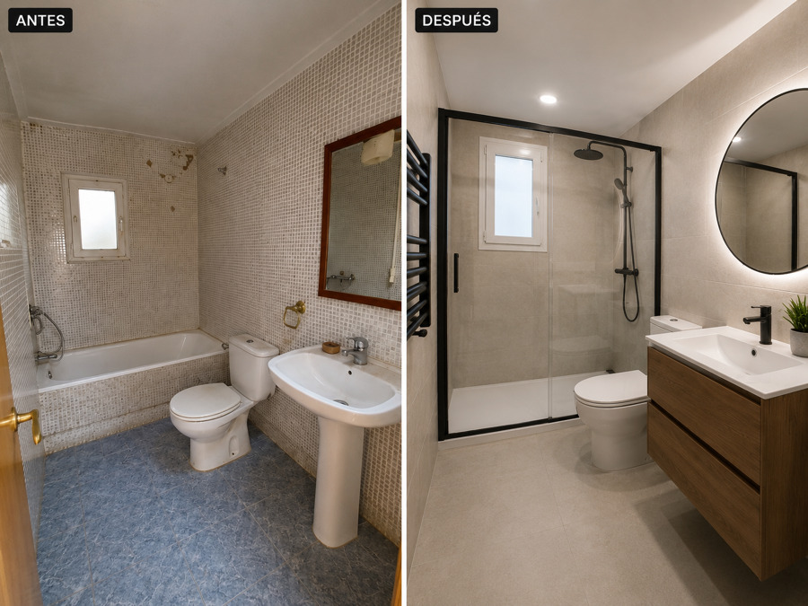 Reforma integral de baño: de un espacio antiguo a un baño moderno y elegante.