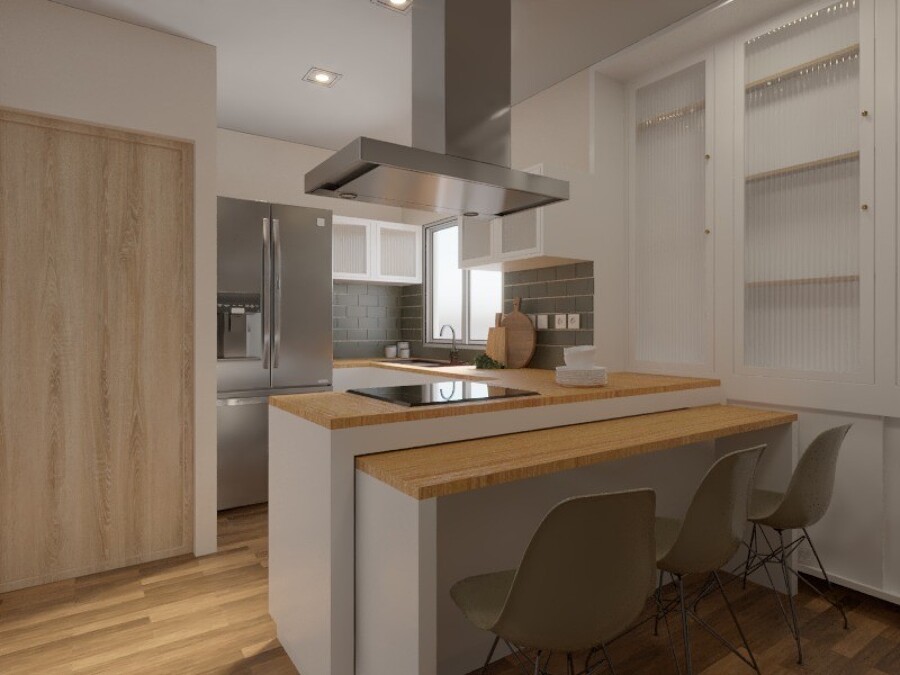 Cocina abierta con isla y mobiliario a medida