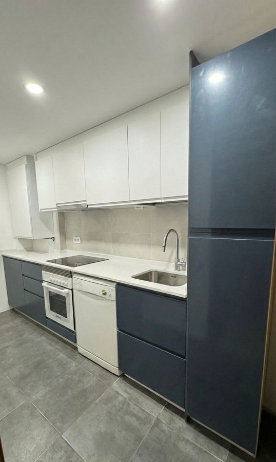 Cocina contemporánea en dos tonos con diseño lineal e integración de electrodomésticos