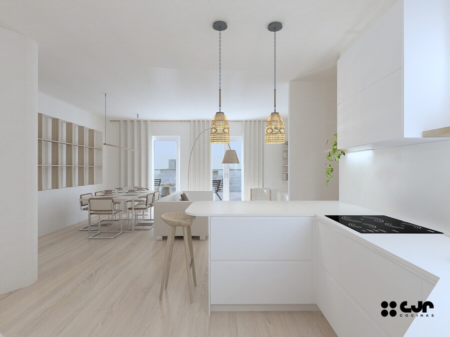 Perspectiva cocina–salón en espacio totalmente integrado