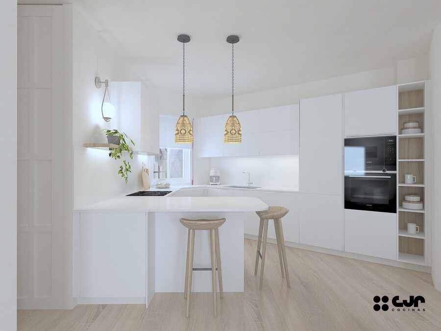 Vista general con barra, taburetes y tránsito hacia comedor