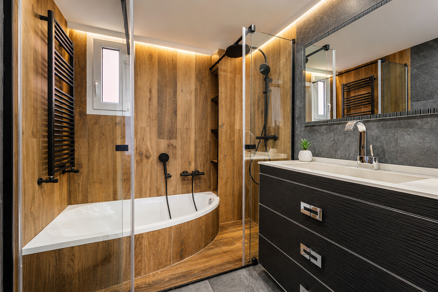 Baño en madera y pizarra con bañera y ducha independientes