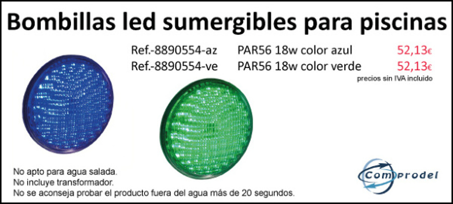 Bombilla led sumergibles para piscinas. Verde y azul