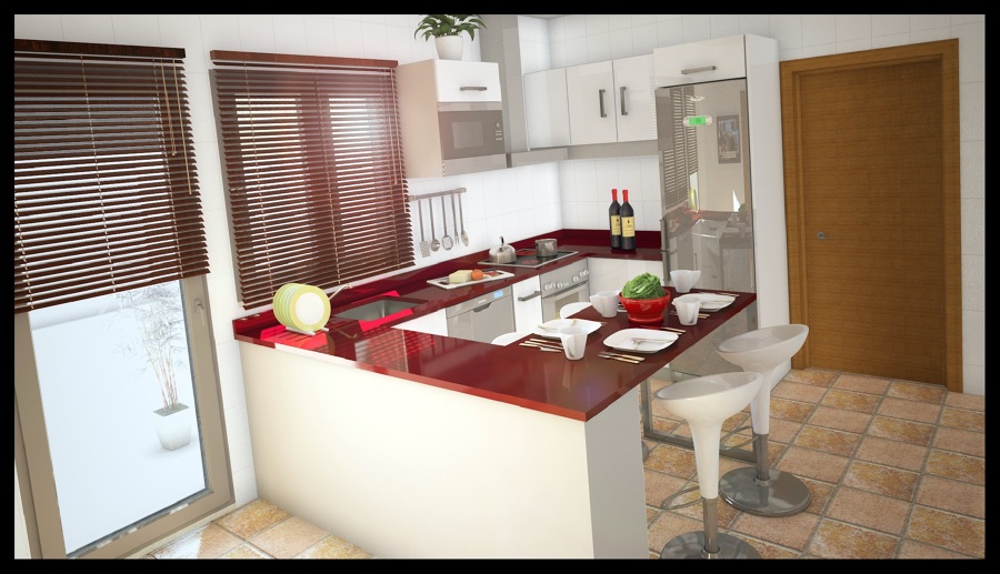 Foto: diseño en 3d de cocina con barra americana de girubi tu ... Barra de cocina estilo americano