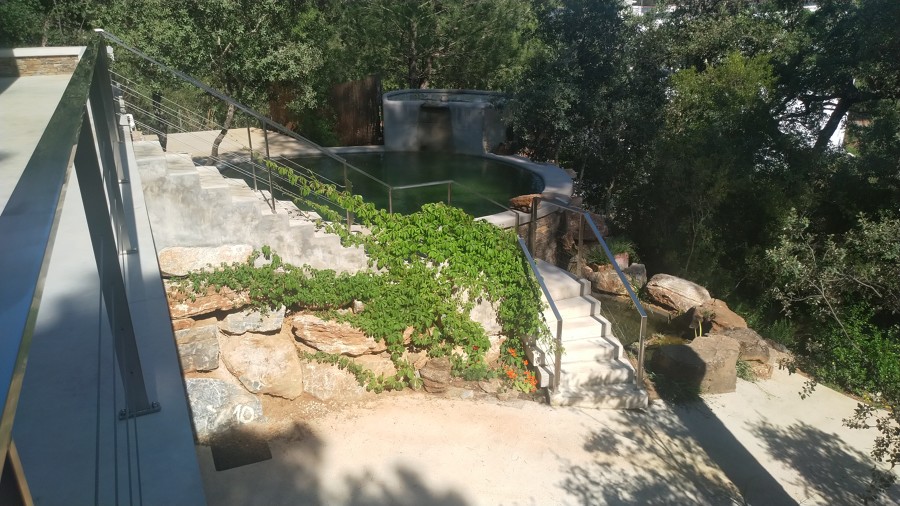 Escalera principal y piscina.