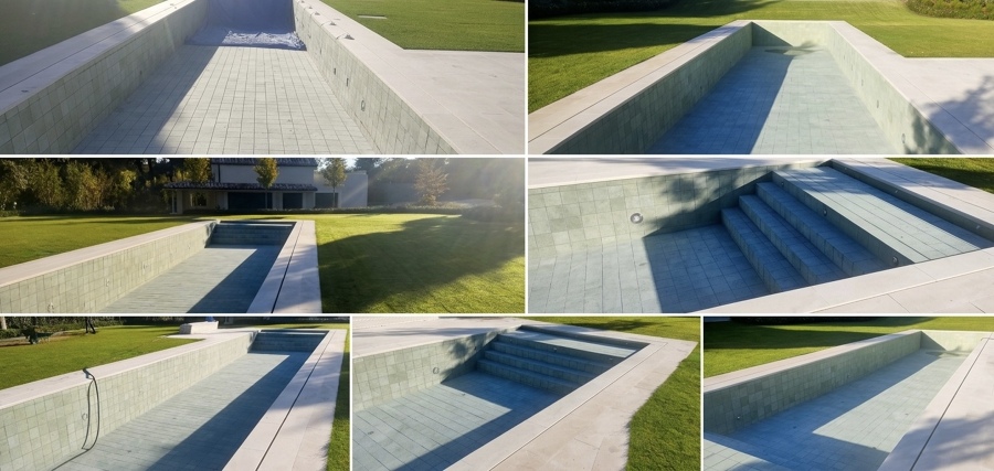 Construcción de piscina de diseño contemporáneo con playa integrada.