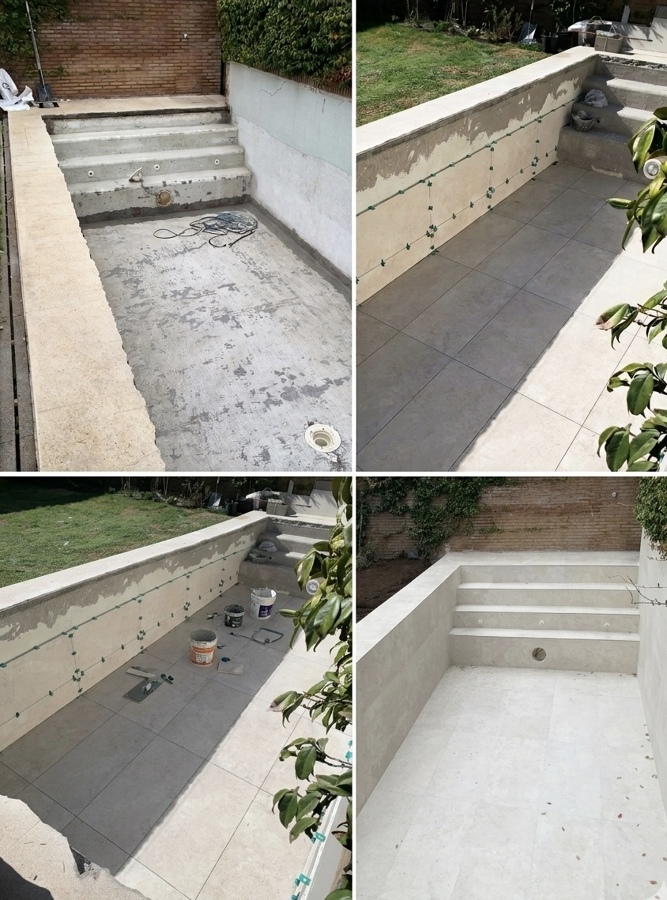 Modernización de piscina con porcelánico de gran formato y escalera interior.
