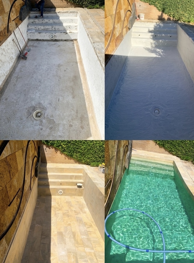 Modernización de piscina con porcelánico de gran formato y escalera interior.