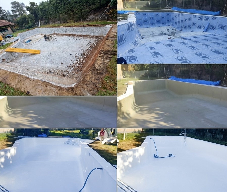 Impermeabilización técnica y acabado en blanco puro para gran piscina.