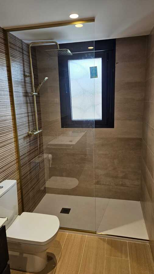 Reforma de baño con mampara a techo dorada