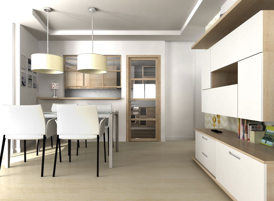 Vista de Salón y cocina de diseño de vivienda unifamiliar