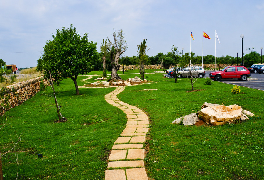 Sendero de piedra en césped.