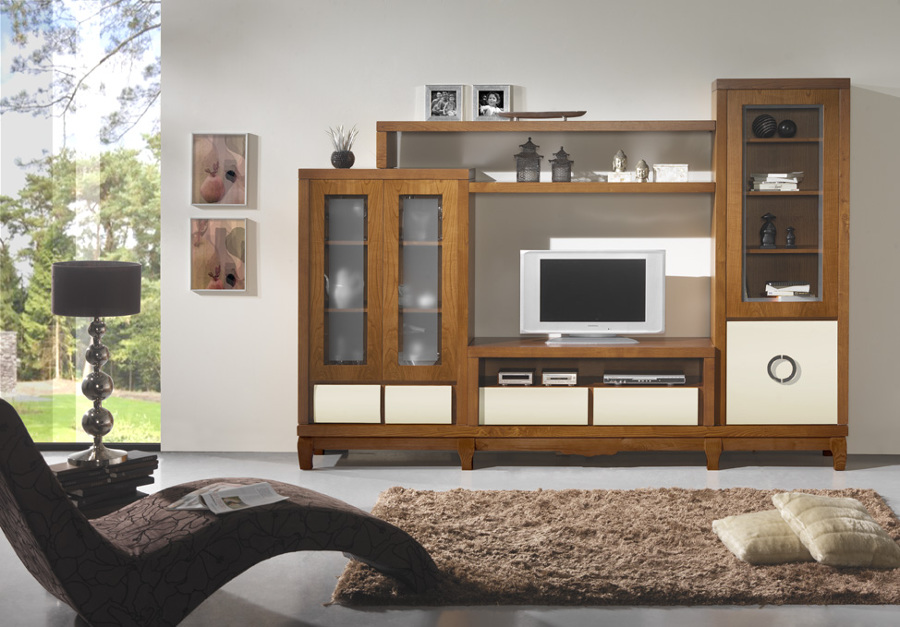 Mueble sala en madera de castaño combinado con lacado blanco roto Mueble sala en madera de castaño combinado con lacado blanco roto