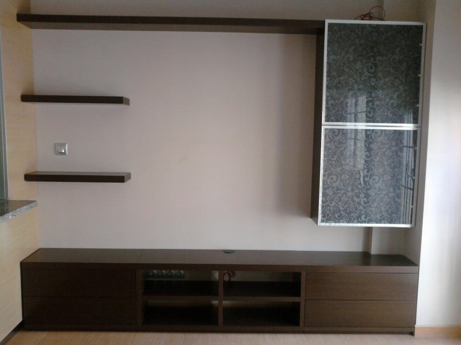 Mueble salon rechapado de wengue con vitrinas de aluminio con cristal Mueble salon rechapado de wengue con vitrinas de aluminio con cristal