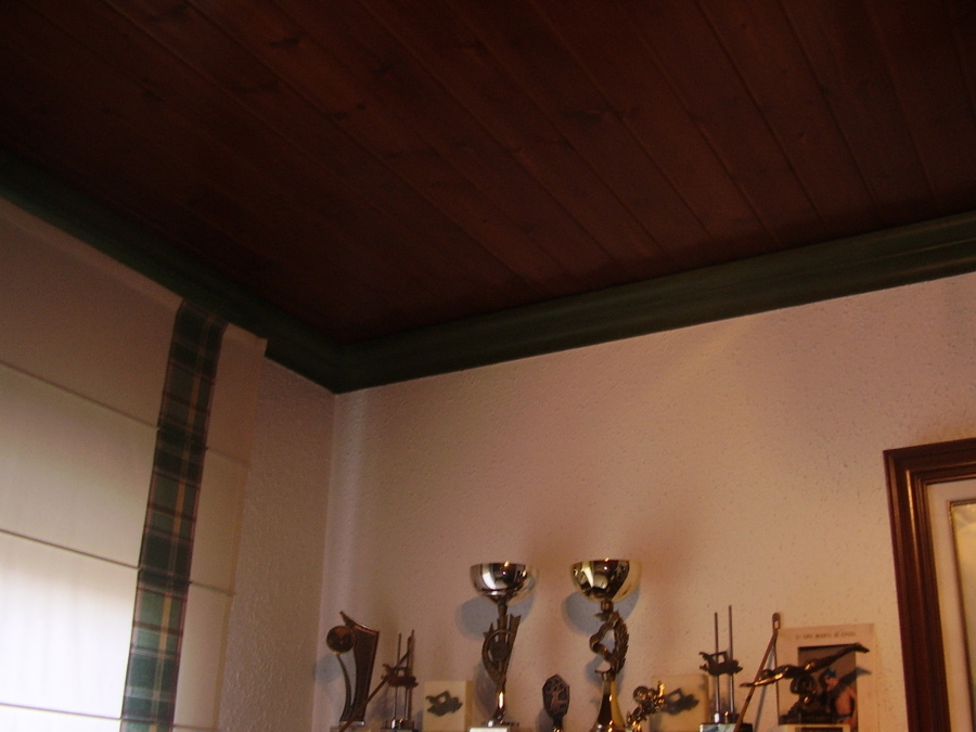 Habitación techo de madera, cornisas y estuco tipo gota.