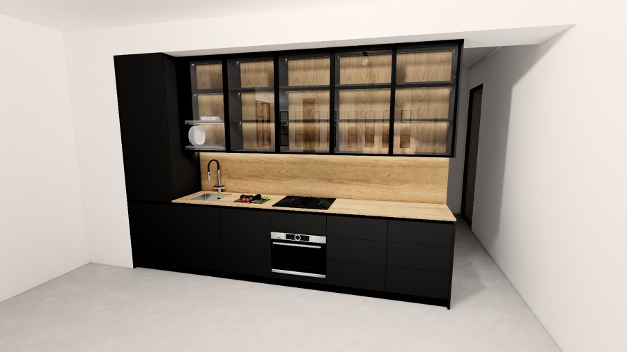 Cocina a medida con frentes de madera y aluminio