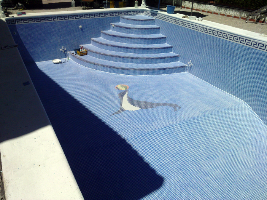 piscina azul niebla,con foca y ecaleras romanas