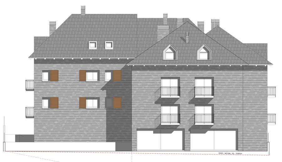Projecte d'un edifici plurifamiliar aïllat de 22 habitatges, local i aparcament al carrer Hug Roger III s/n del terme municipal de Ribera de Cardós (Lleida). Arquitecte: Lluís Lliboutry Aragay