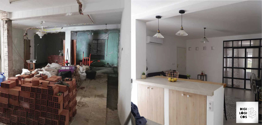 Salón con cocina integrada y cierre industrial