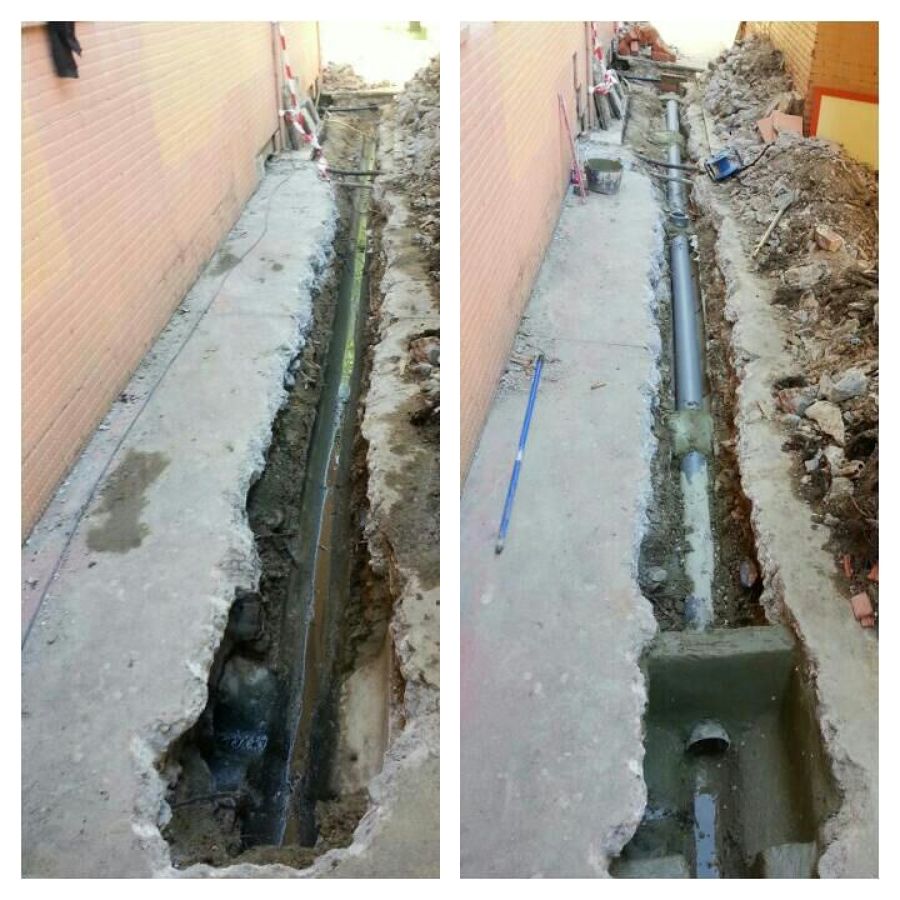 sustitución de tramos de tuberia de desagüe y reconstrucción de arquetas.