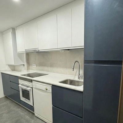 Cocina contemporánea en dos tonos con diseño lineal e integración de electrodomésticos