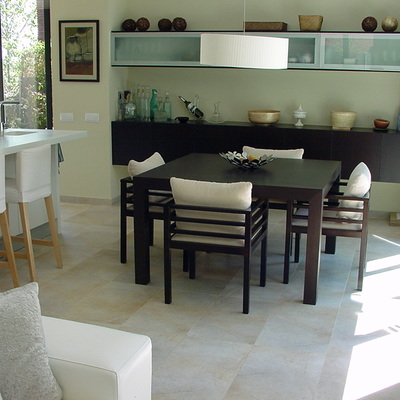 Cocina con mobiliario lacado brillo combinado con madera teñida de wengé