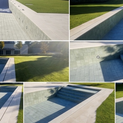 Construcción de piscina de diseño contemporáneo con playa integrada.