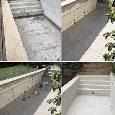 Modernización de piscina con porcelánico de gran formato y escalera interior.