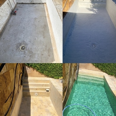 Modernización de piscina con porcelánico de gran formato y escalera interior.