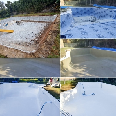 Impermeabilización técnica y acabado en blanco puro para gran piscina.
