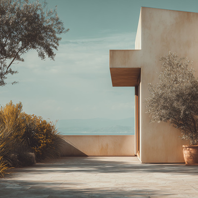 Patio de estilo mediterráneo con vistas a la sierra