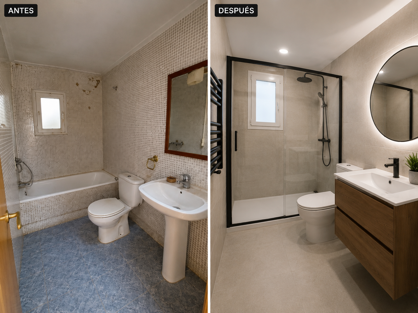 Reforma integral de baño: de un espacio antiguo a un baño moderno y elegante.