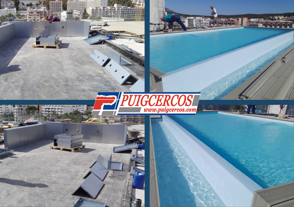 Instalación en ático de piscina de acero y liner.