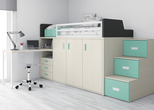 cama alta con armarios y escritorio kids touch