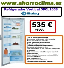Refrigerador vertical no frost Balay 3FCL1658 clase a +. 1 puerta acabado titanio.
