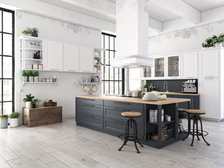 Cocina estilo industrial con isla central