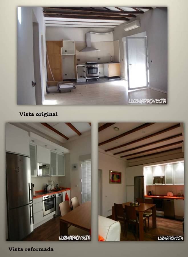 Fotos comparativas del área cocina-comedor