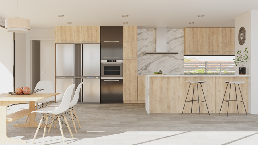 Estudio CGM Infografías. Render. Interior cocina salón. Brisbane, Australia 2