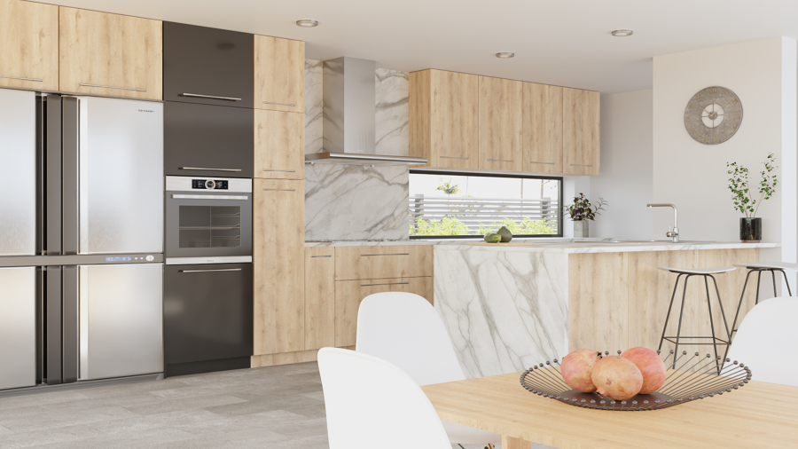 Estudio CGM Infografías. Render. Interior cocina salón. Brisbane, Australia 3