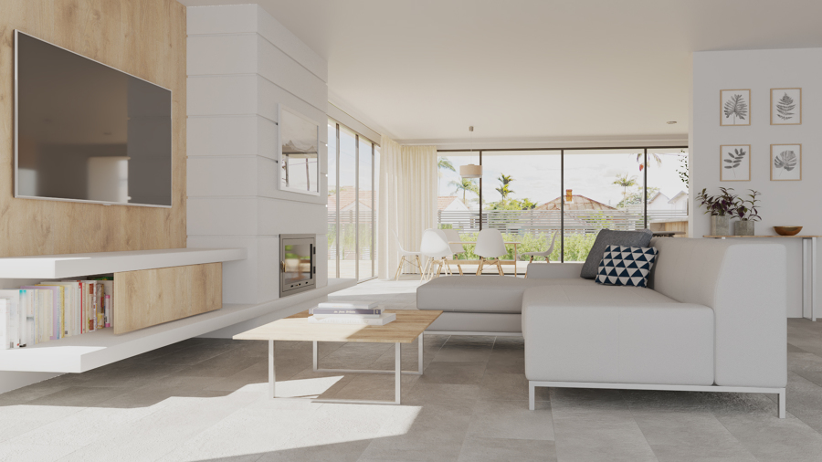 Estudio CGM Infografías. Render. Interior cocina salón. Brisbane, Australia 1