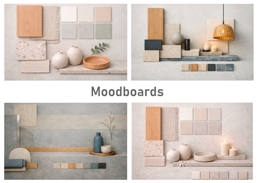 Moodboards — paletas y texturas.