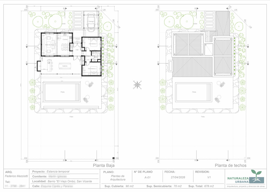Plantas de arquitectura — distribución general y techos.