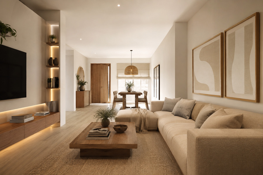 Salón estilo minimalismo cálido