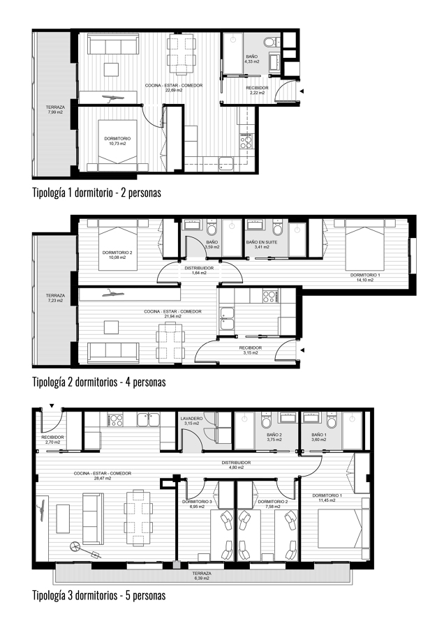 Tres tipologías de vivienda