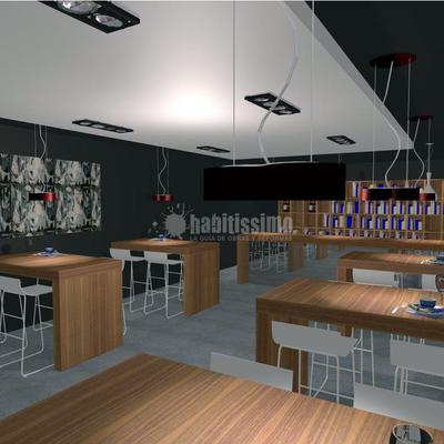 Cocina, bancos, taburetes y barra de un nuevo restaurante