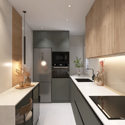 Diseño de cocina contemporánea en tonos verdes y madera natural