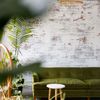 Salón de estilo tropical con sofá verde