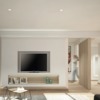 Mueble tv, listones de madera verticales, escritorio, cajoneras